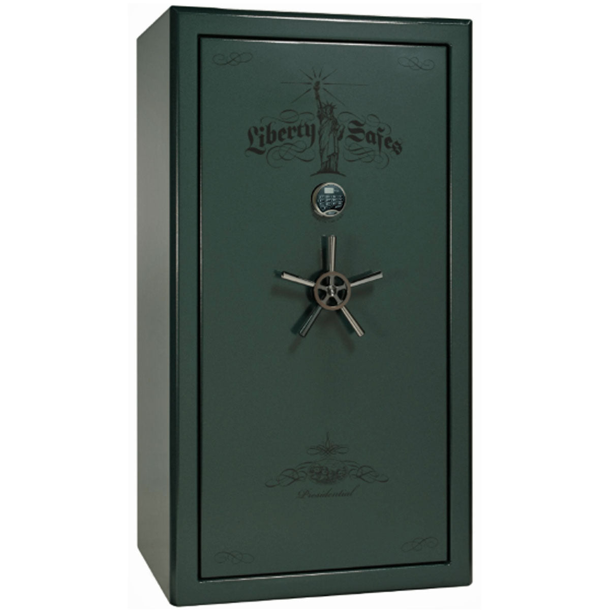 Liberty Safe Presidential 40 in Green Marble with Black Chrome Electronic Lock, closed door.