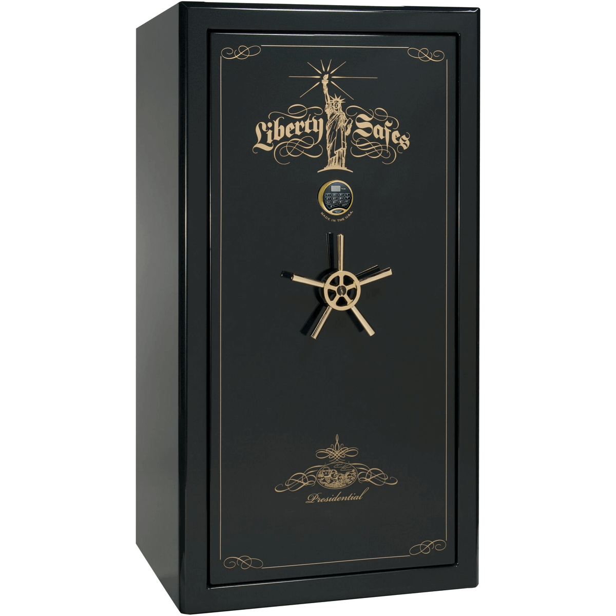 Liberty Safe Presidential 40 in Emerald Green with 24k Gold Electronic Lock, closed door.