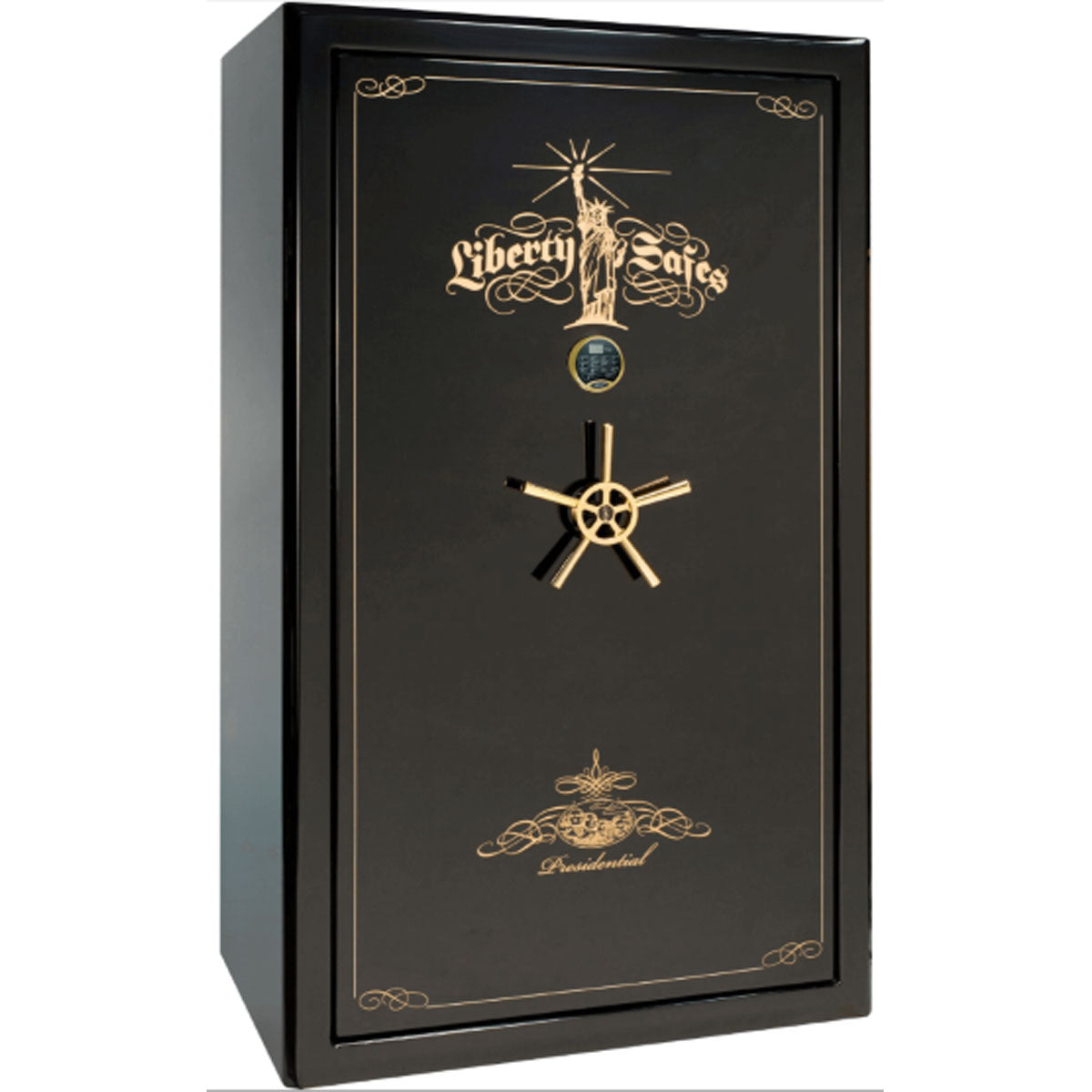 Liberty Safe Presidential 50 in Black Gloss with 24k Gold Electronic Lock, closed door.