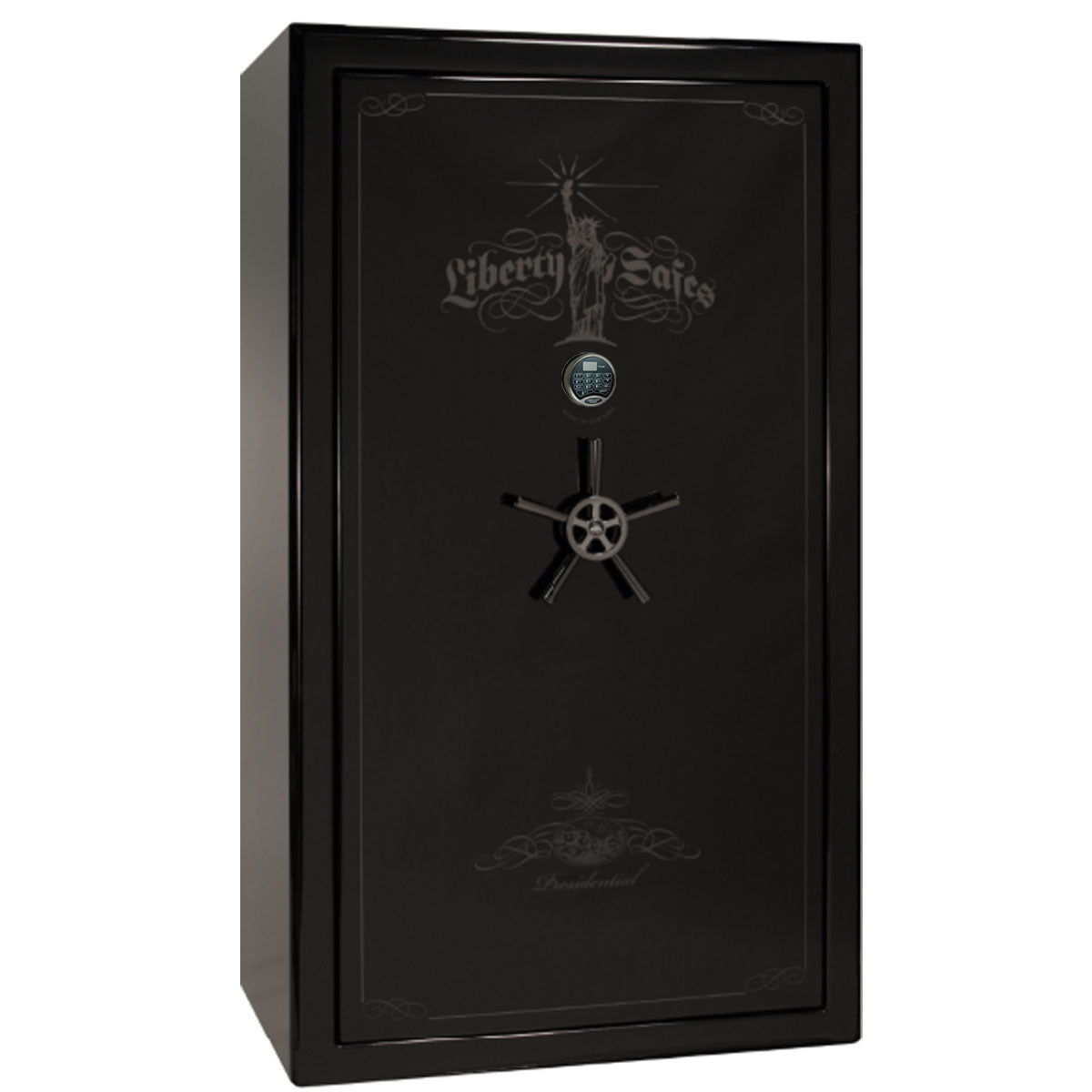 Liberty Safe Presidential 50 in Black Gloss with Black Chrome Electronic Lock, closed door.