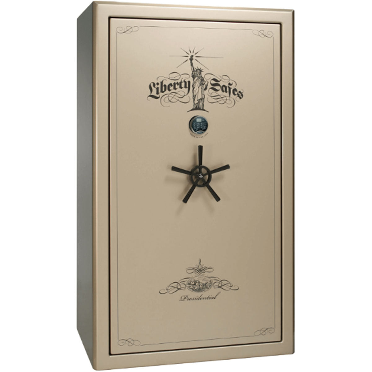 Liberty Safe Presidential 50 in Champagne Gloss with Black Chrome Electronic Lock, closed door.
