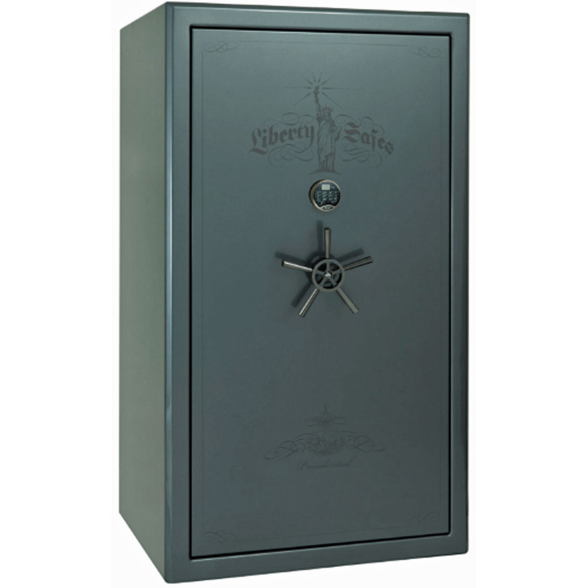 Liberty Safe Presidential 50 in Forest Mist Gloss with Black Chrome Electronic Lock, closed door.