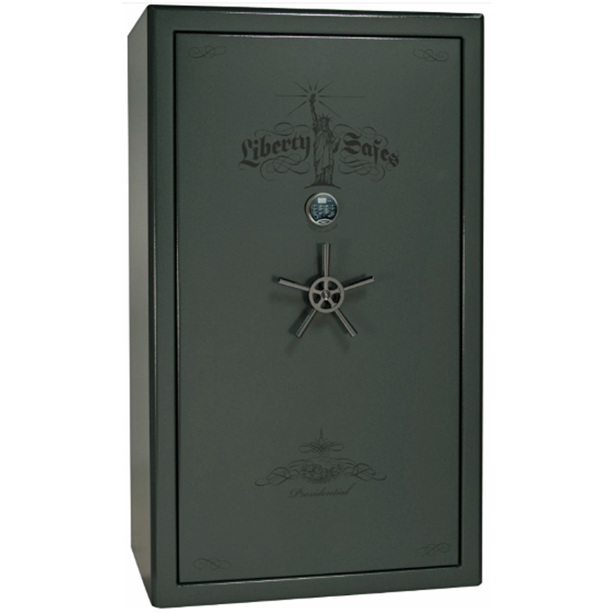 Liberty Safe Presidential 50 in Green Marble with Black Chrome Electronic Lock, closed door.