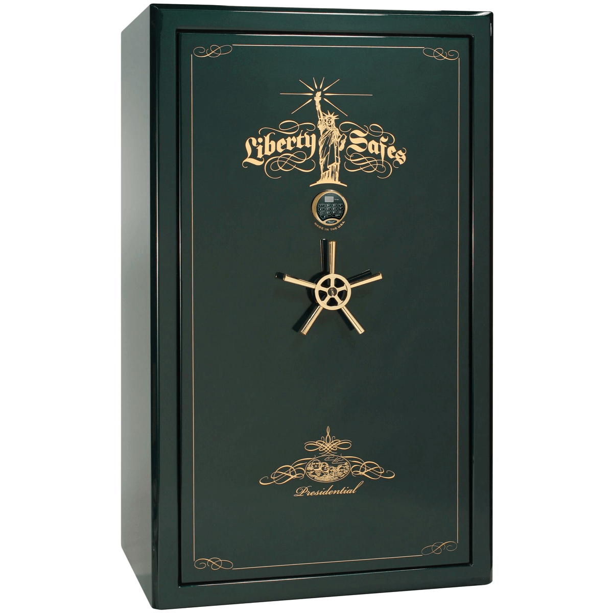 Liberty Safe Presidential 50 in Emerald Green with 24k Gold Electronic Lock, closed door.