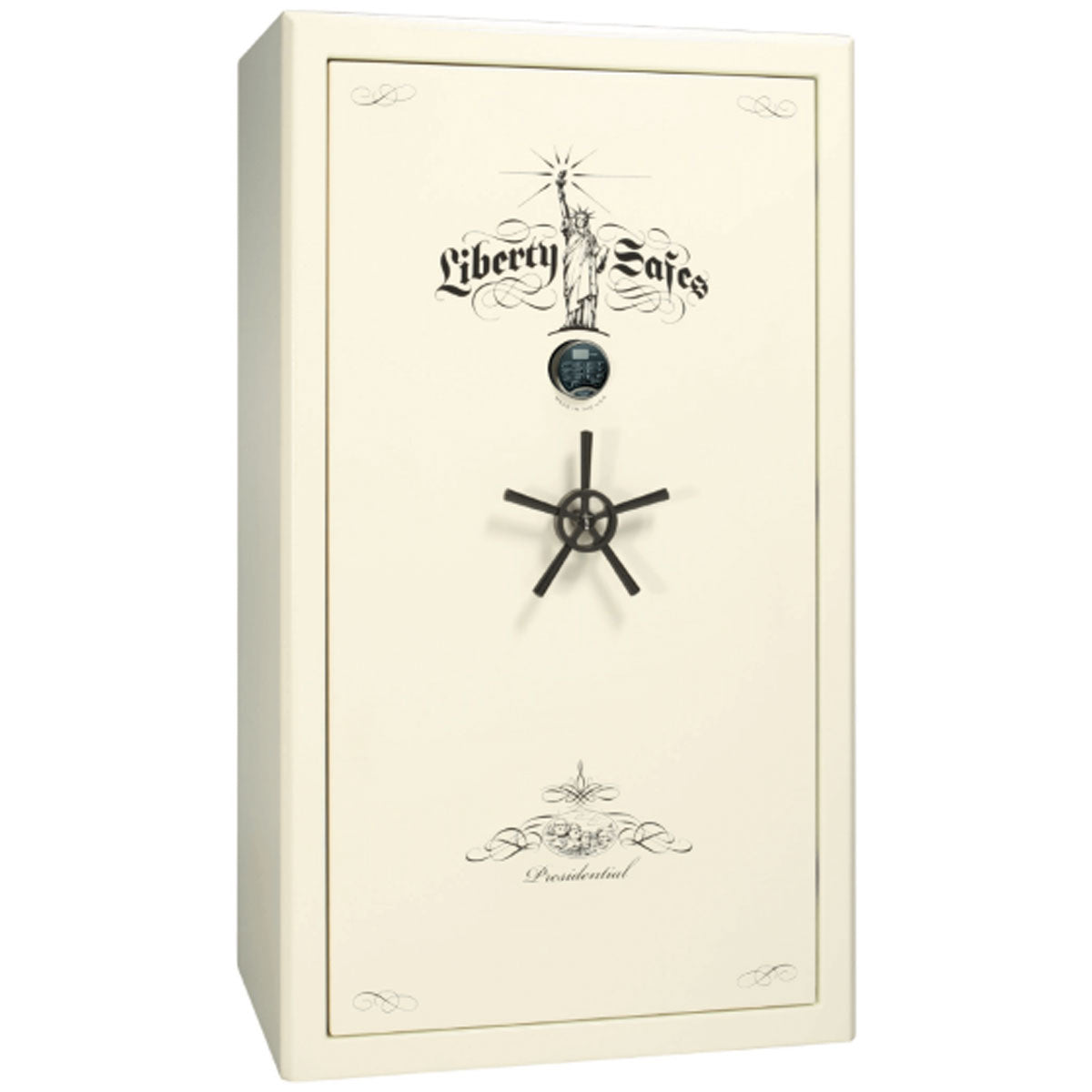Liberty Safe Presidential 50 in White Gloss with Black Chrome Electronic Lock, closed door.