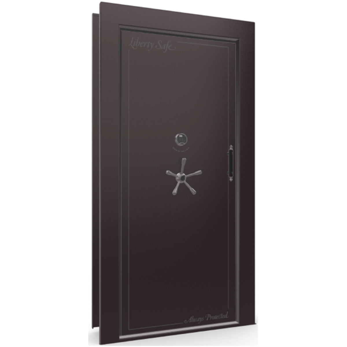 The Beast Vault Door in Black Cherry Gloss with Black Chrome Electronic Lock, Left Inswing, door closed.