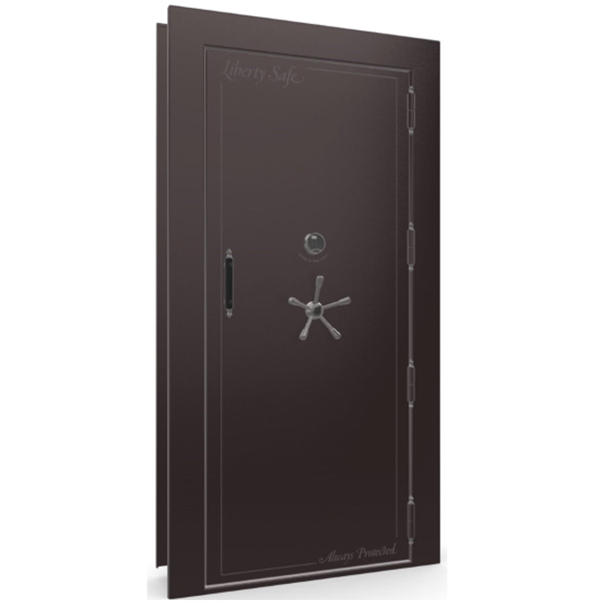 The Beast Vault Door in Black Cherry Gloss with Black Chrome Electronic Lock, Right Outswing, door closed.
