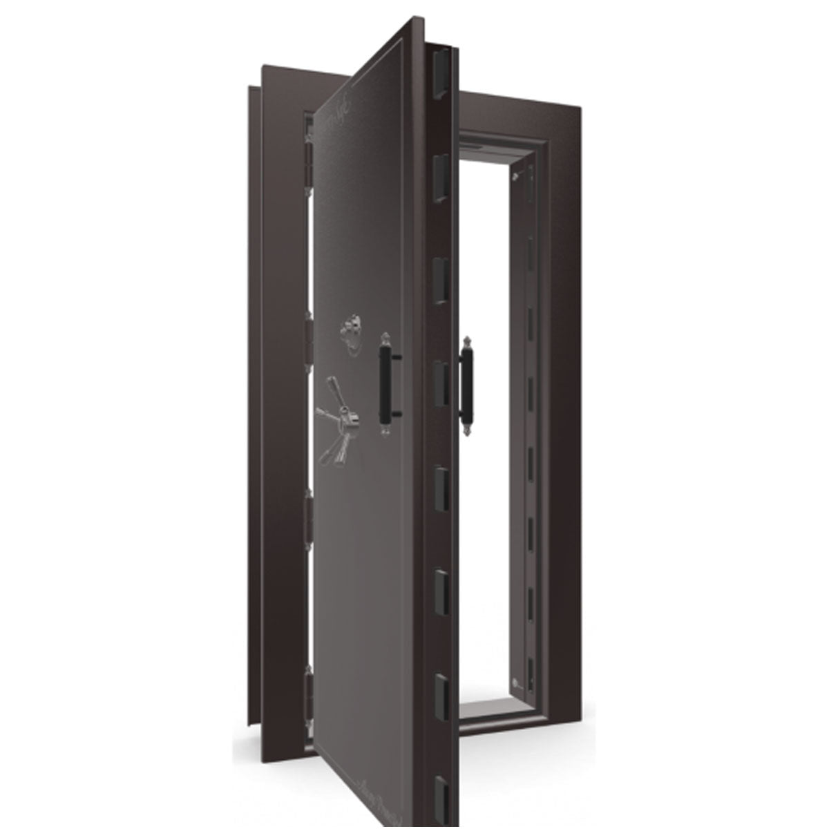 The Beast Vault Door in Black Cherry Gloss with Black Chrome Electronic Lock, Left Outswing, door open.