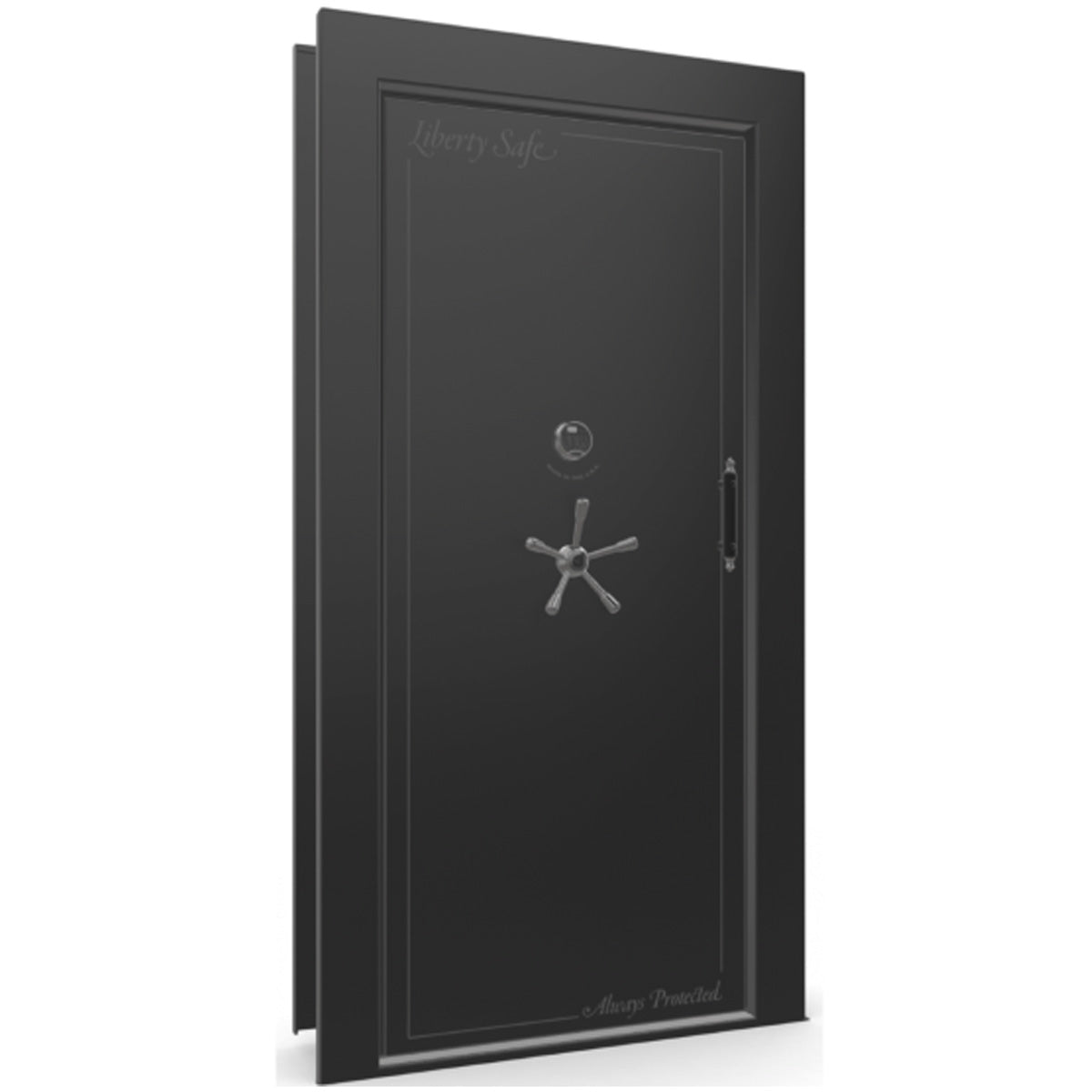 The Beast Vault Door in Black Gloss with Black Chrome Electronic Lock, Left Inswing, door closed.