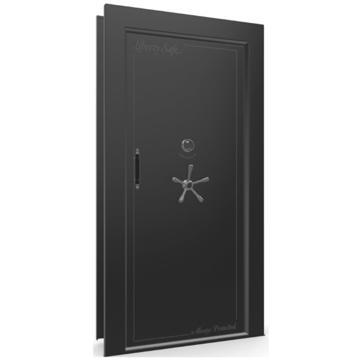 The Beast Vault Door in Black Gloss with Black Chrome Electronic Lock, Right Inswing, door closed.