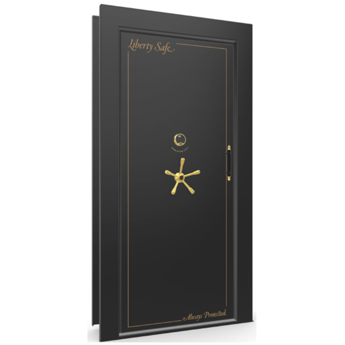 The Beast Vault Door in Black Gloss with Brass Electronic Lock, Left Inswing, door closed.
