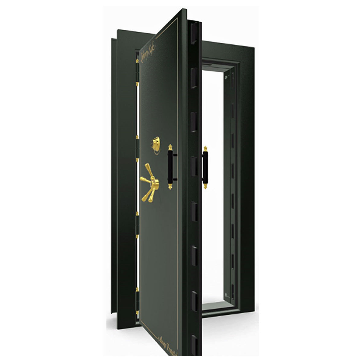 The Beast Vault Door in Black Gloss with Brass Electronic Lock, Left Outswing, door open.