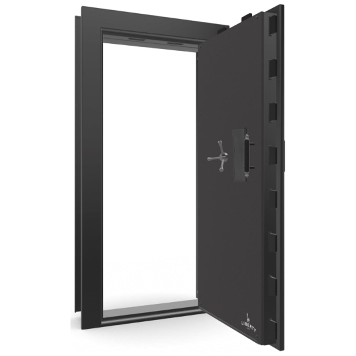 The Beast Vault Door in Black Gloss with Black Chrome Electronic Lock, Right Outswing, door open.