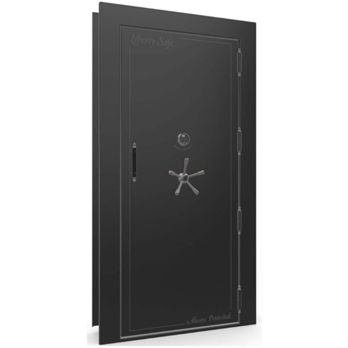 The Beast Vault Door in Black Gloss with Black Chrome Electronic Lock, Right Outswing, door closed.