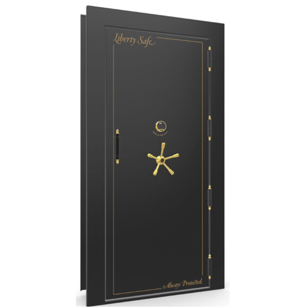 The Beast Vault Door in Black Gloss with Brass Electronic Lock, Right Outswing, door closed.