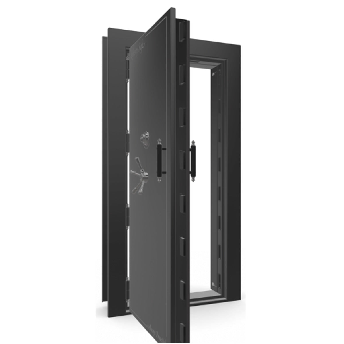 The Beast Vault Door in Black Gloss with Black Chrome Electronic Lock, Left Outswing, door open.