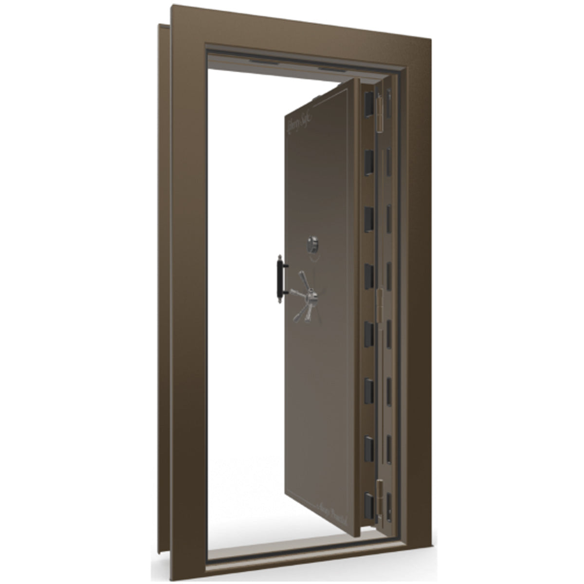 The Beast Vault Door in Bronze Gloss with Black Chrome Electronic Lock, Right Inswing, door open.