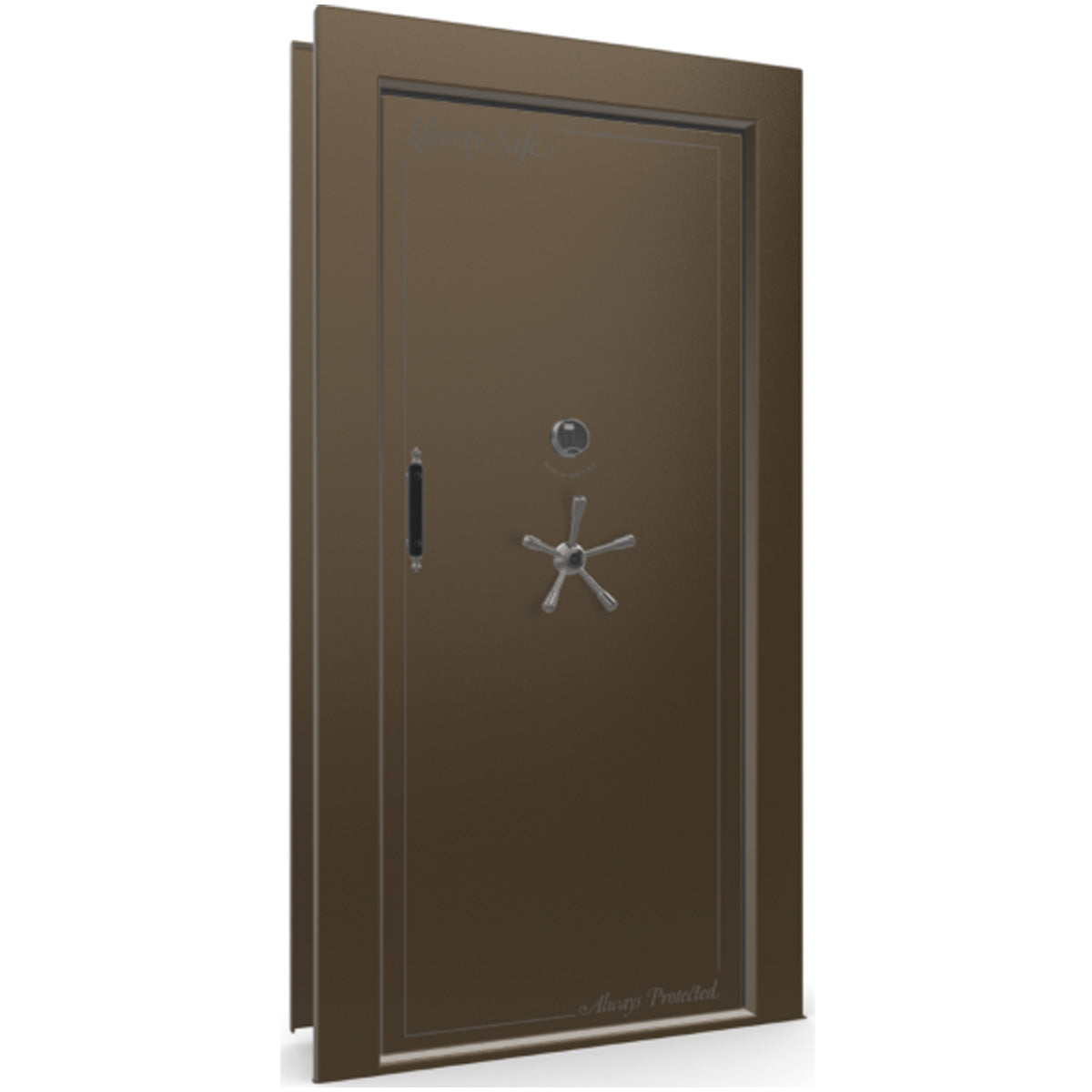 The Beast Vault Door in Bronze Gloss with Black Chrome Electronic Lock, Right Inswing, door closed.