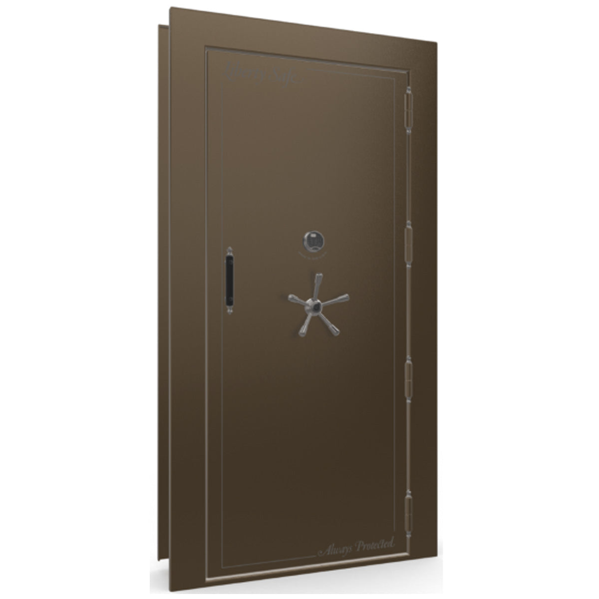 The Beast Vault Door in Bronze Gloss with Black Chrome Electronic Lock, Right Outswing, door closed.