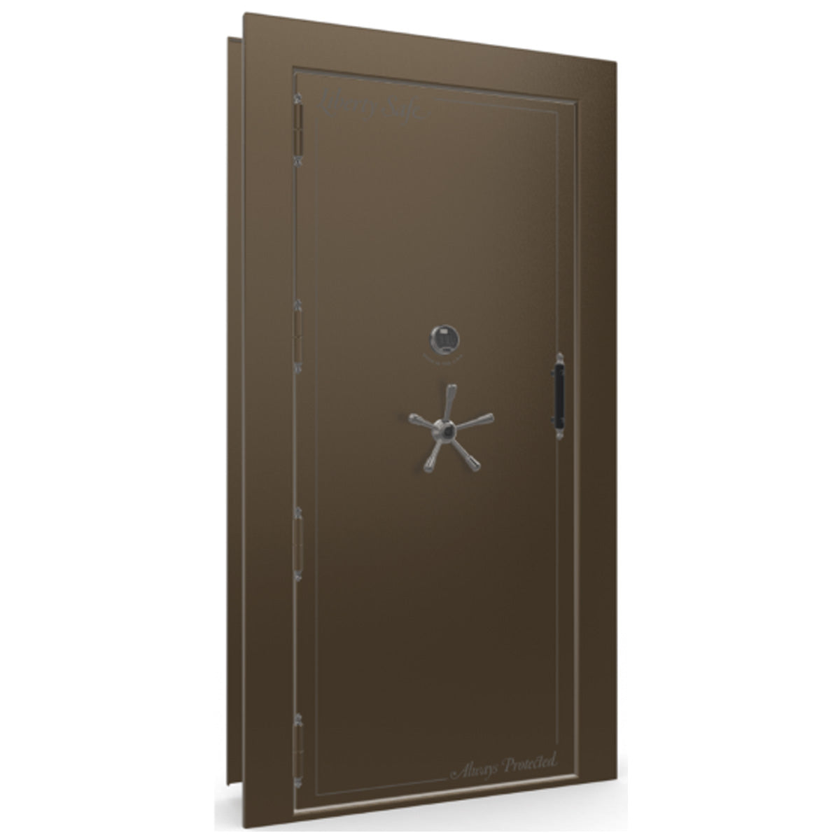 The Beast Vault Door in Bronze Gloss with Black Chrome Electronic Lock, Left Outswing, door closed.