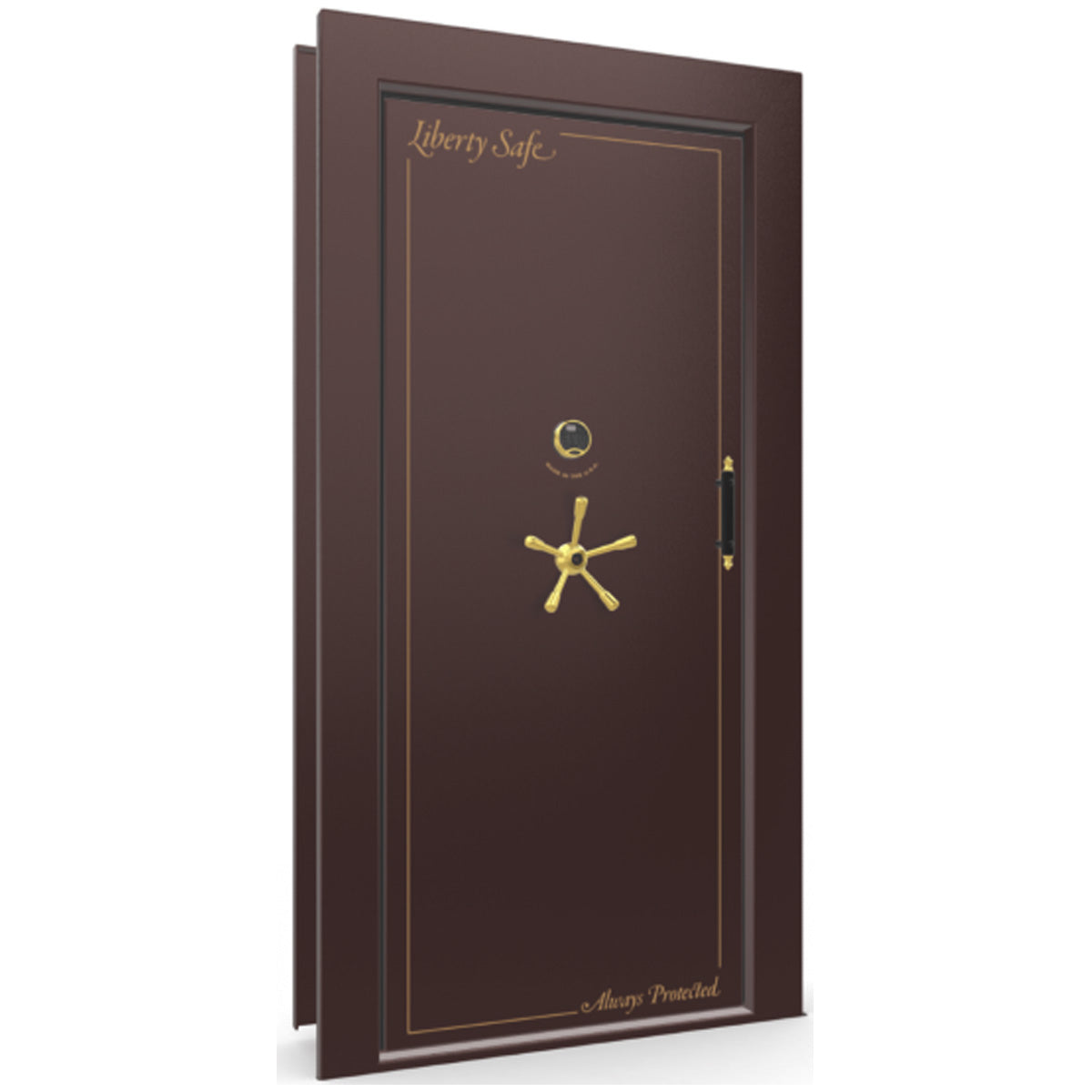 The Beast Vault Door in Burgundy Gloss with Brass Electronic Lock, Left Inswing, door closed.
