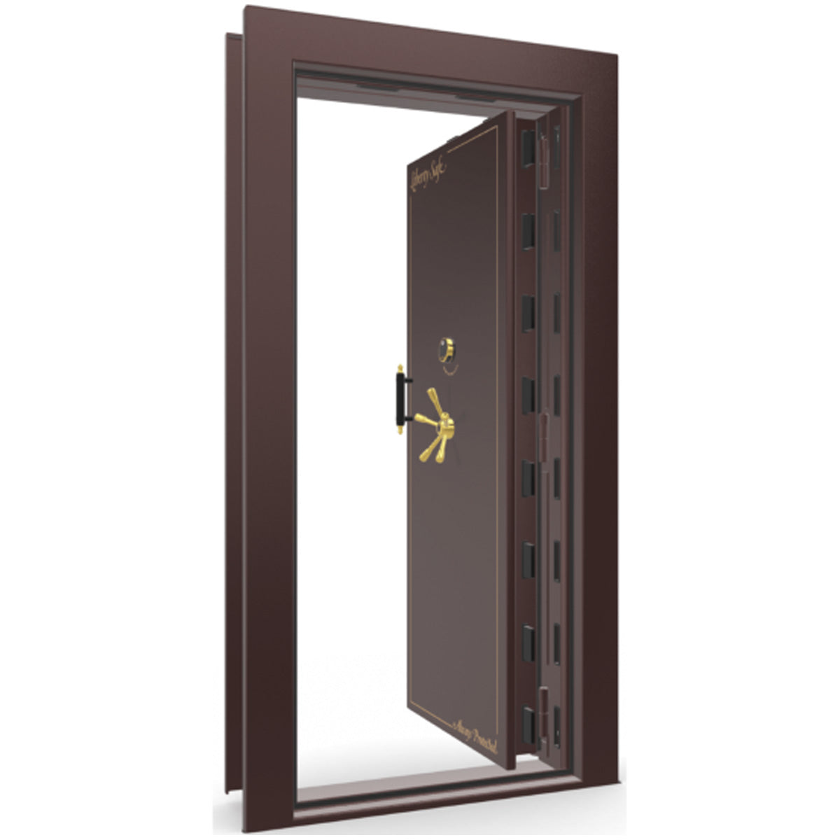 The Beast Vault Door in Burgundy Gloss with Brass Electronic Lock, Right Inswing, door open.