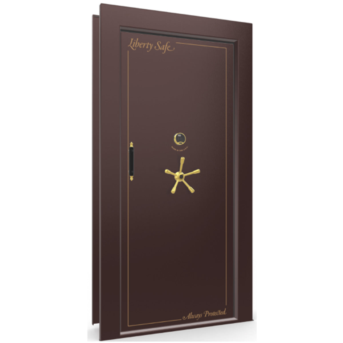 The Beast Vault Door in Burgundy Gloss with Brass Electronic Lock, Right Inswing, door closed.