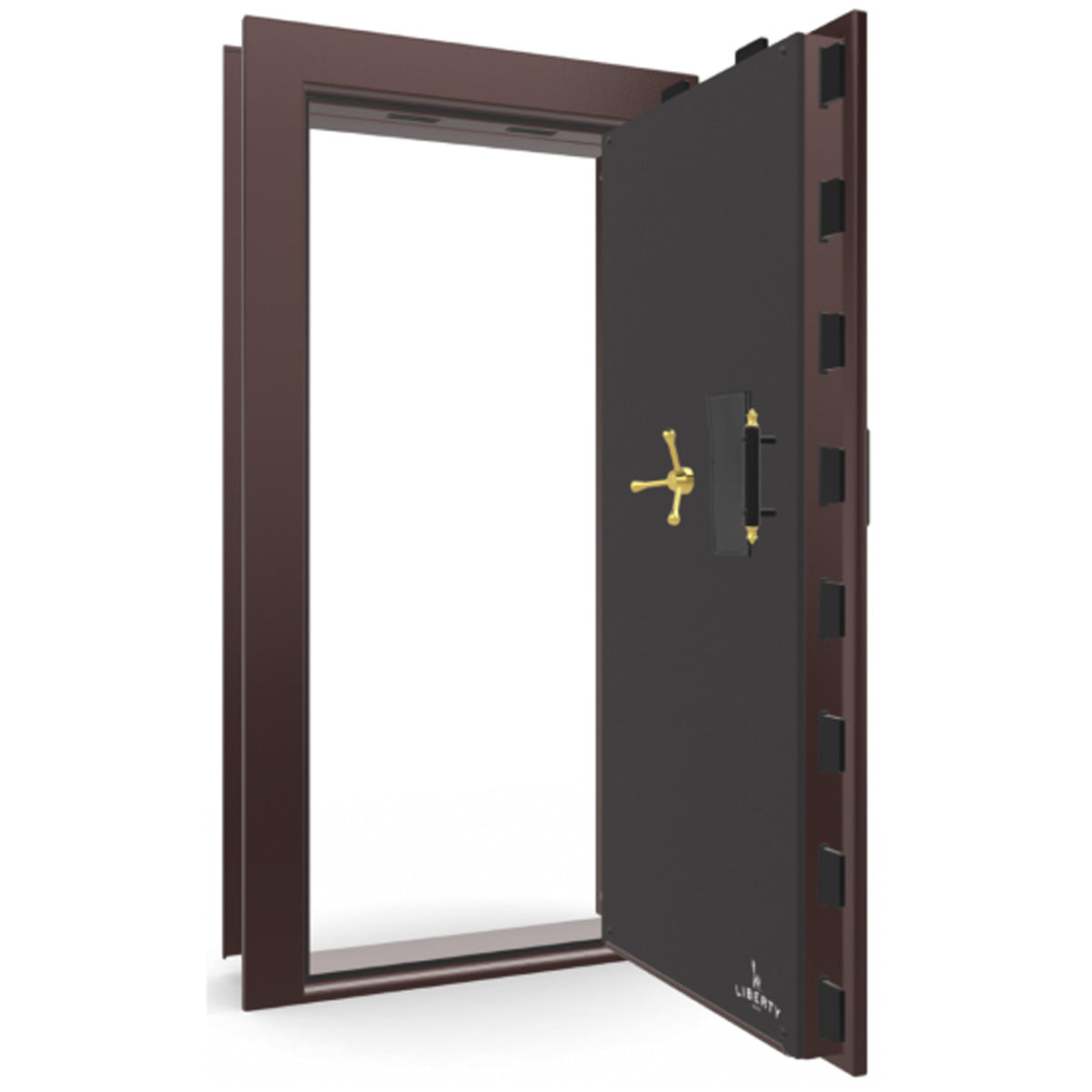 The Beast Vault Door in Burgundy Gloss with Brass Electronic Lock, Right Outswing, door open.