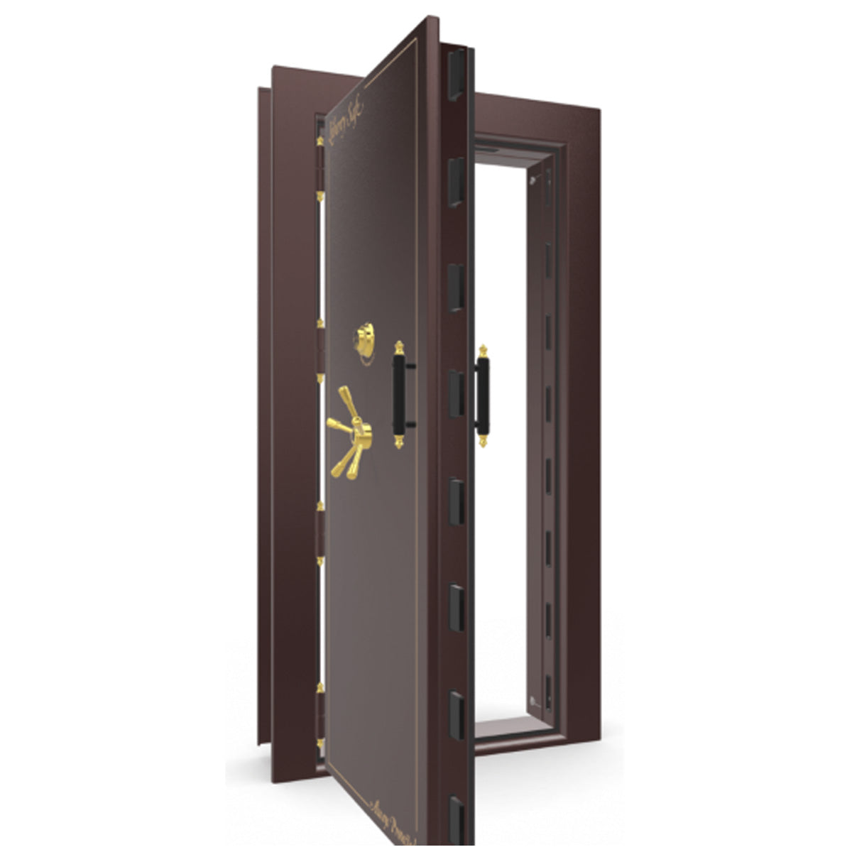 The Beast Vault Door in Burgundy Gloss with Brass Electronic Lock, Left Outswing, door open.