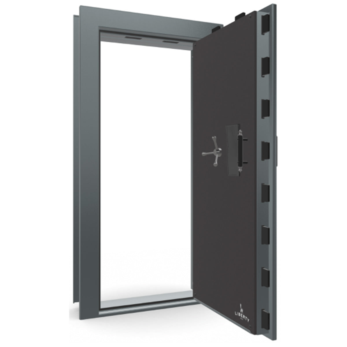 The Beast Vault Door in Forest Mist Gloss with Black Chrome Electronic Lock, Right Outswing, door open.