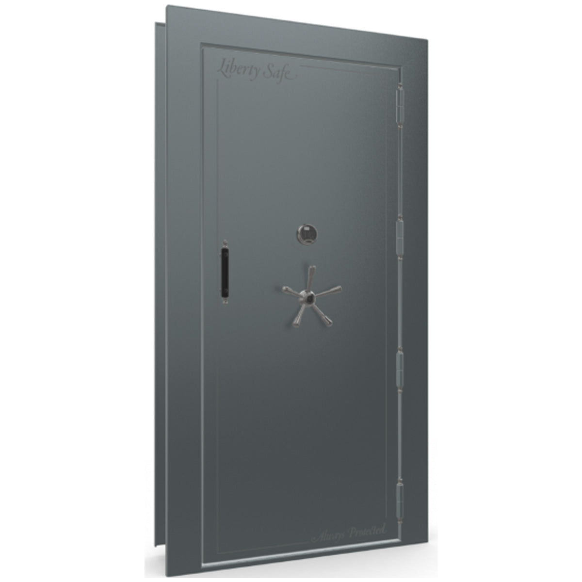 The Beast Vault Door in Forest Mist Gloss with Black Chrome Electronic Lock, Right Outswing, door closed.