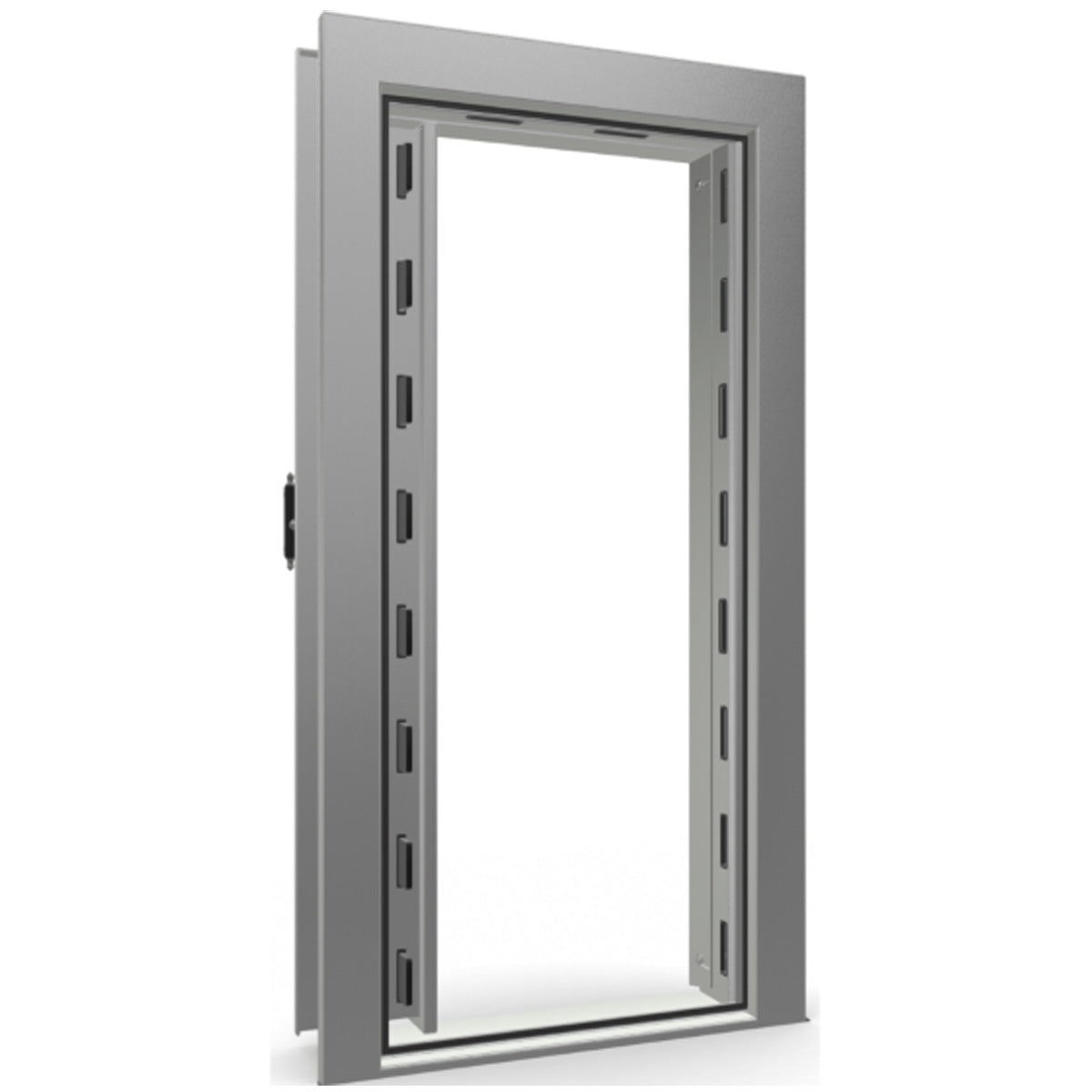 The Beast Vault Door in Gray Gloss with Black Chrome Electronic Lock, Left Inswing, door open.