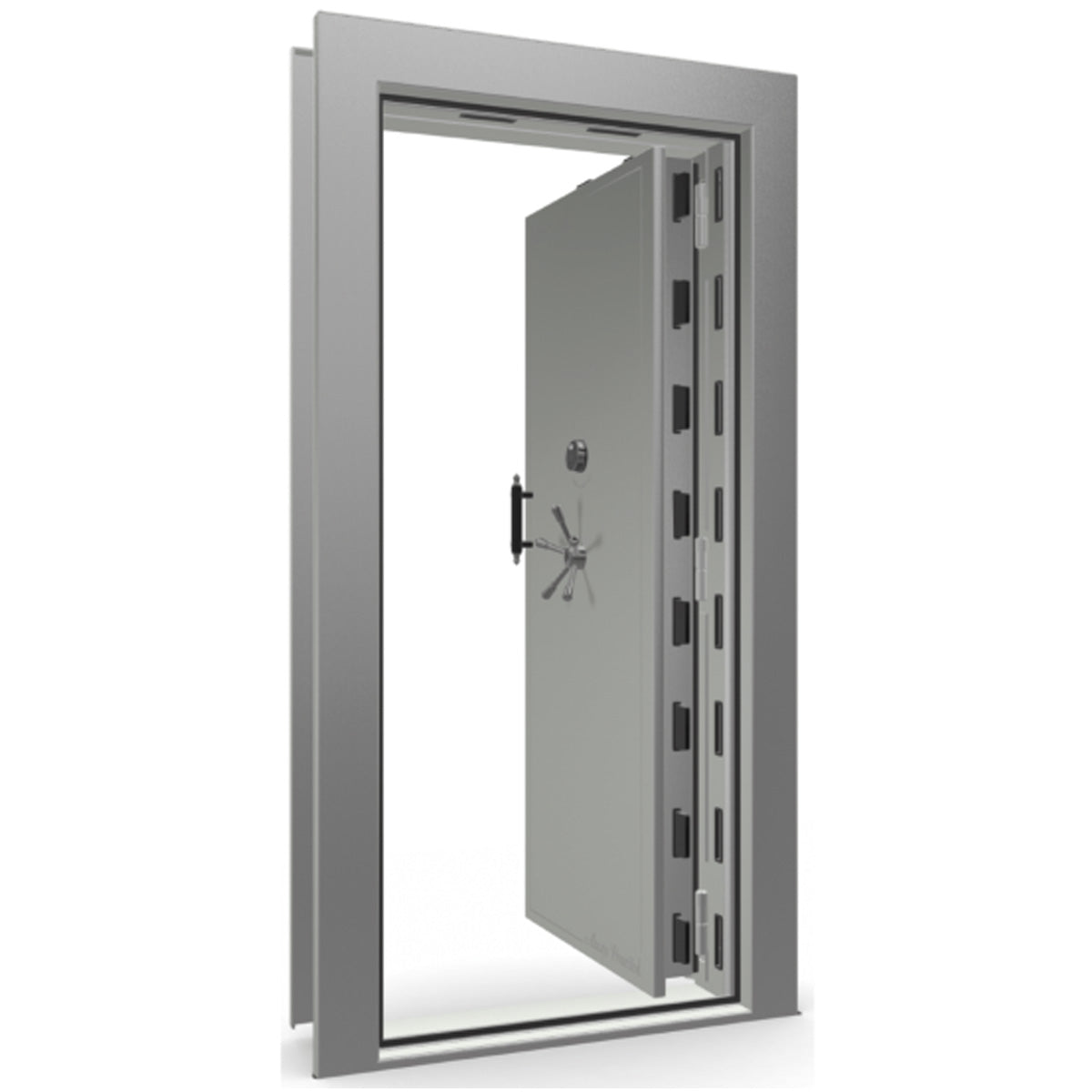 The Beast Vault Door in Gray Gloss with Black Chrome Electronic Lock, Right Inswing, door open.