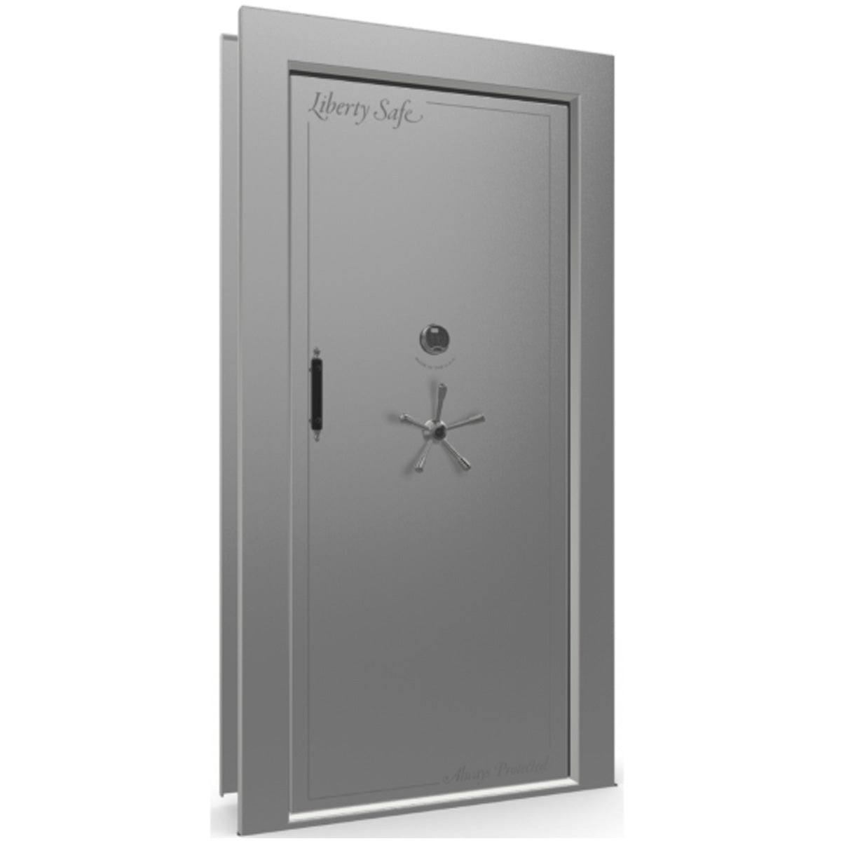 The Beast Vault Door in Gray Gloss with Black Chrome Electronic Lock, Right Inswing, door closed.