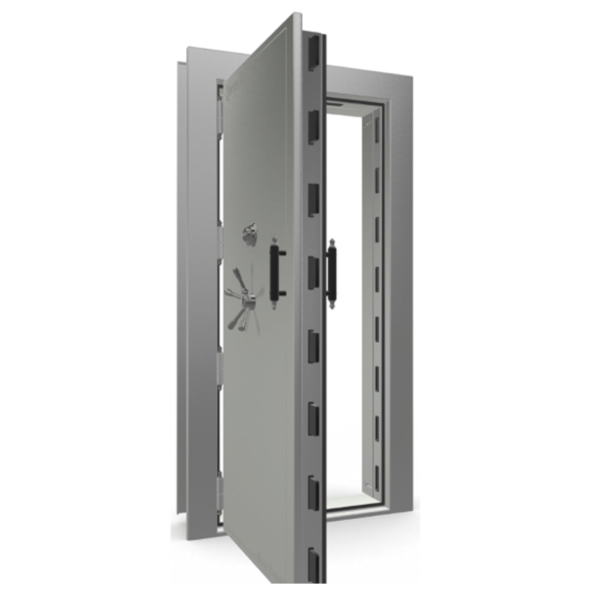 The Beast Vault Door in Gray Gloss with Black Chrome Electronic Lock, Left Outswing, door open.