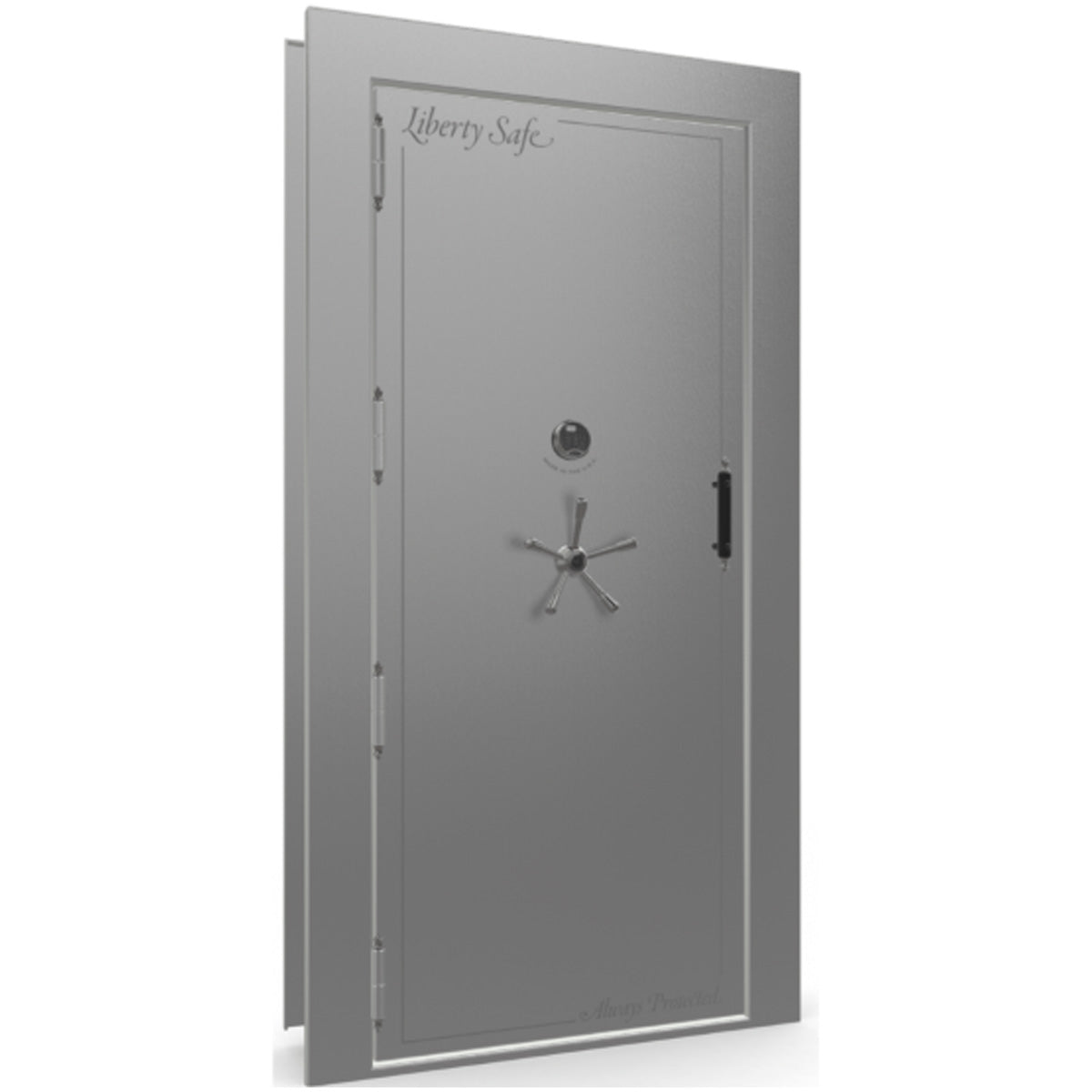 The Beast Vault Door in Gray Gloss with Black Chrome Electronic Lock, Left Outswing, door closed.