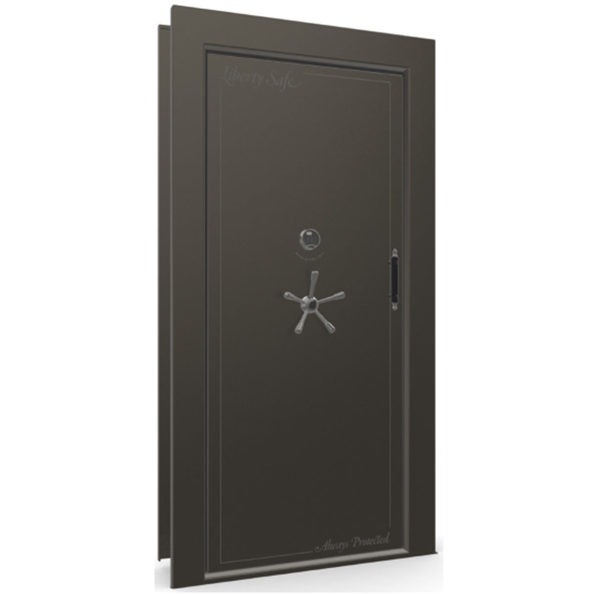 The Beast Vault Door in Gray Marble with Black Chrome Electronic Lock, Left Inswing, door closed.