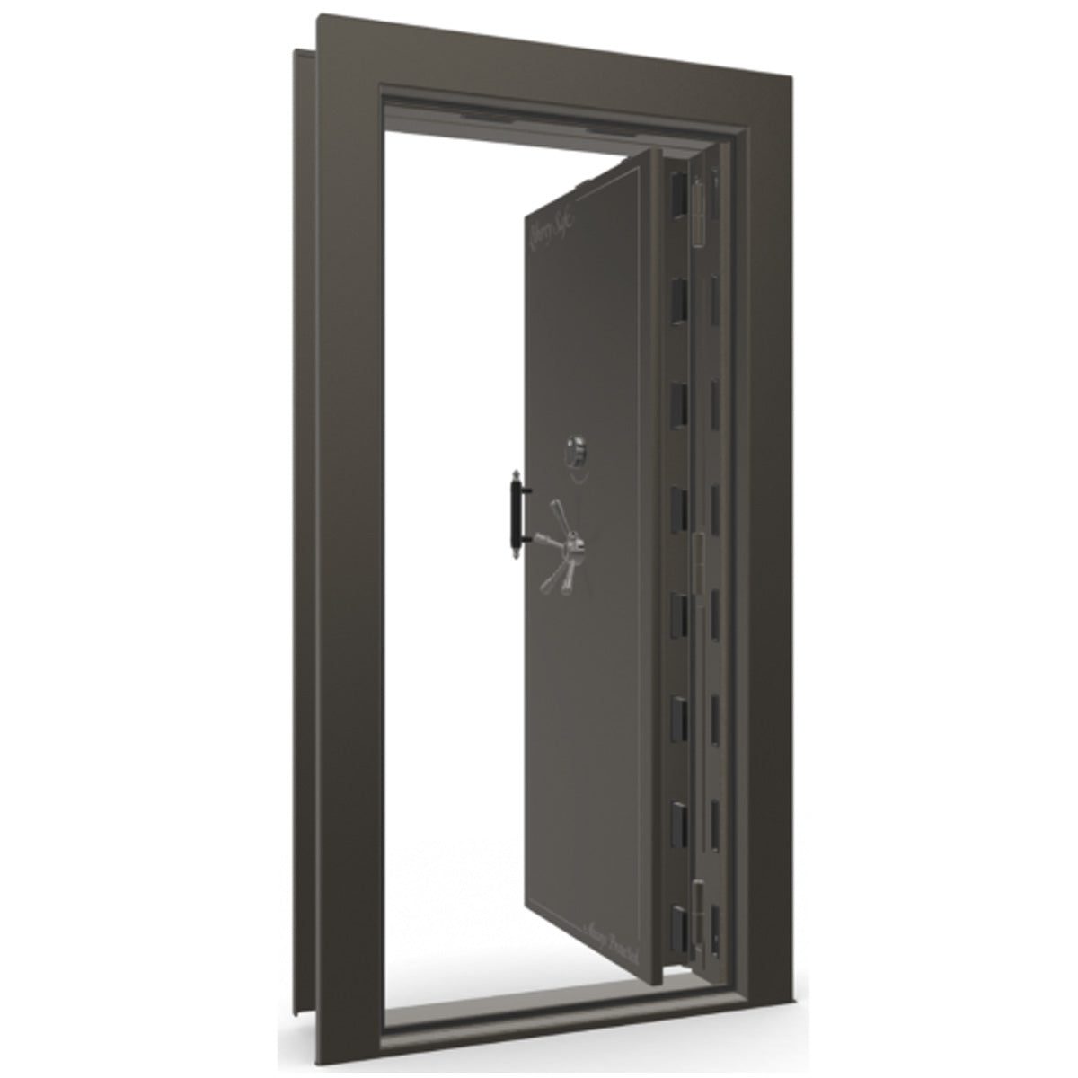 The Beast Vault Door in Gray Marble with Black Chrome Electronic Lock, Right Inswing, door open.