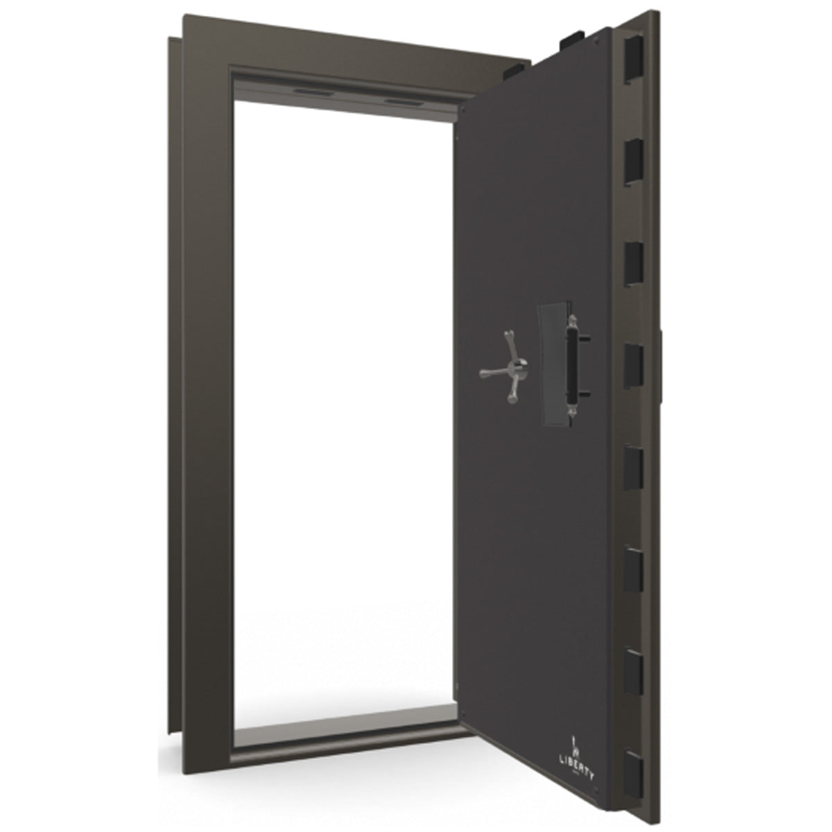 The Beast Vault Door in Gray Marble with Black Chrome Electronic Lock, Right Outswing, door open.
