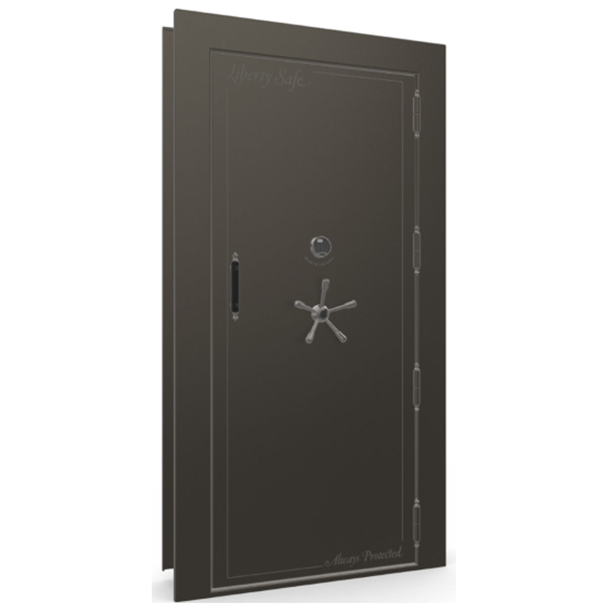 The Beast Vault Door in Gray Marble with Black Chrome Electronic Lock, Right Outswing, door closed.