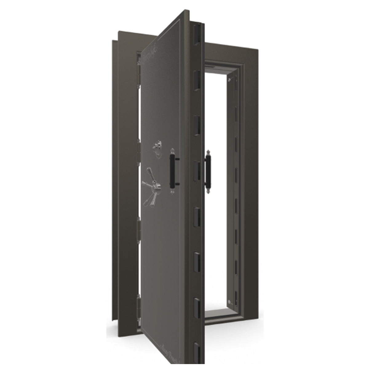 The Beast Vault Door in Gray Marble with Black Chrome Electronic Lock, Left Outswing, door open.