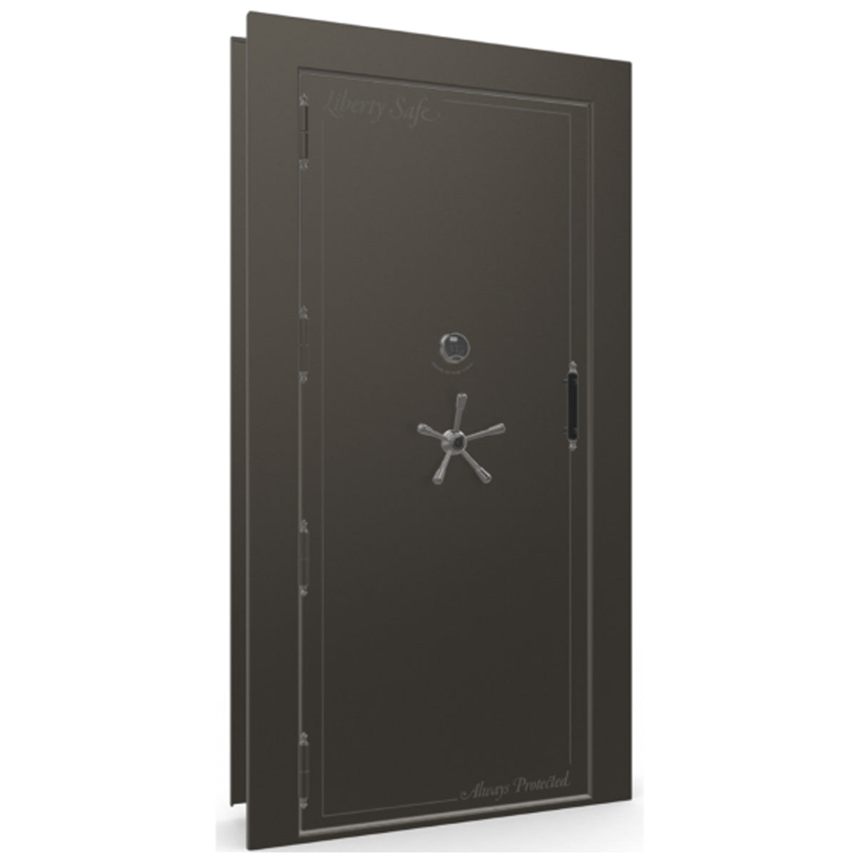The Beast Vault Door in Gray Marble with Black Chrome Electronic Lock, Left Outswing, door closed.