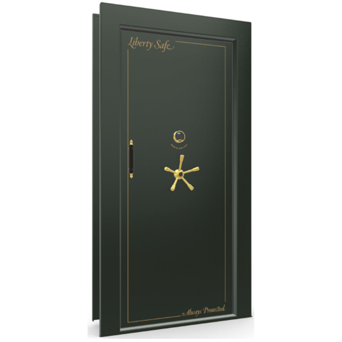 The Beast Vault Door in Green Gloss with Brass Electronic Lock, Right Inswing, door closed.