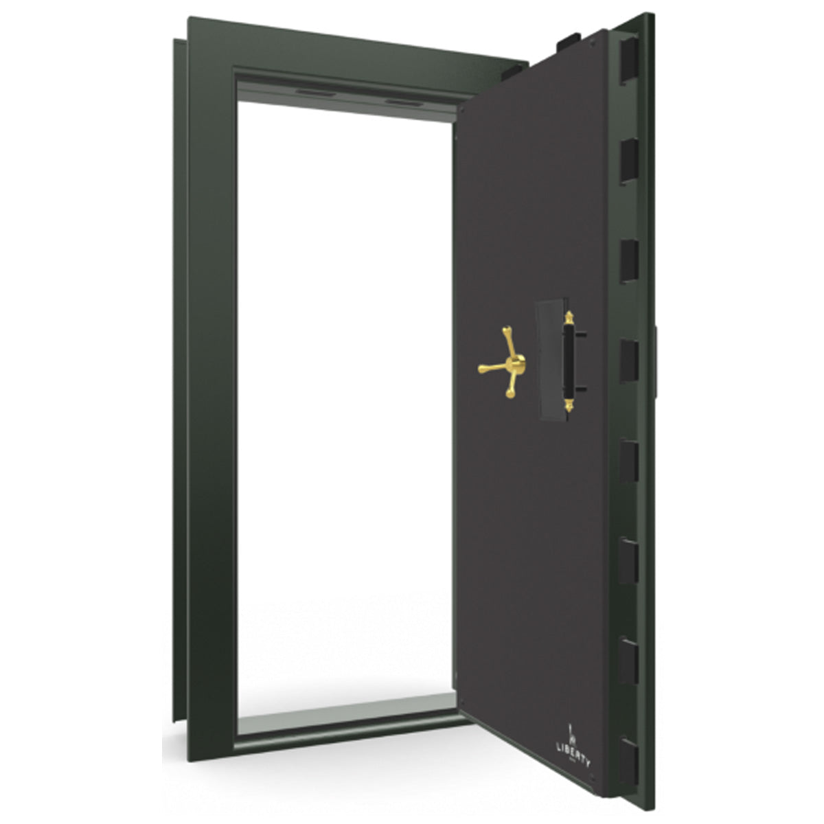 The Beast Vault Door in Green Gloss with Brass Electronic Lock, Right Outswing, door open.
