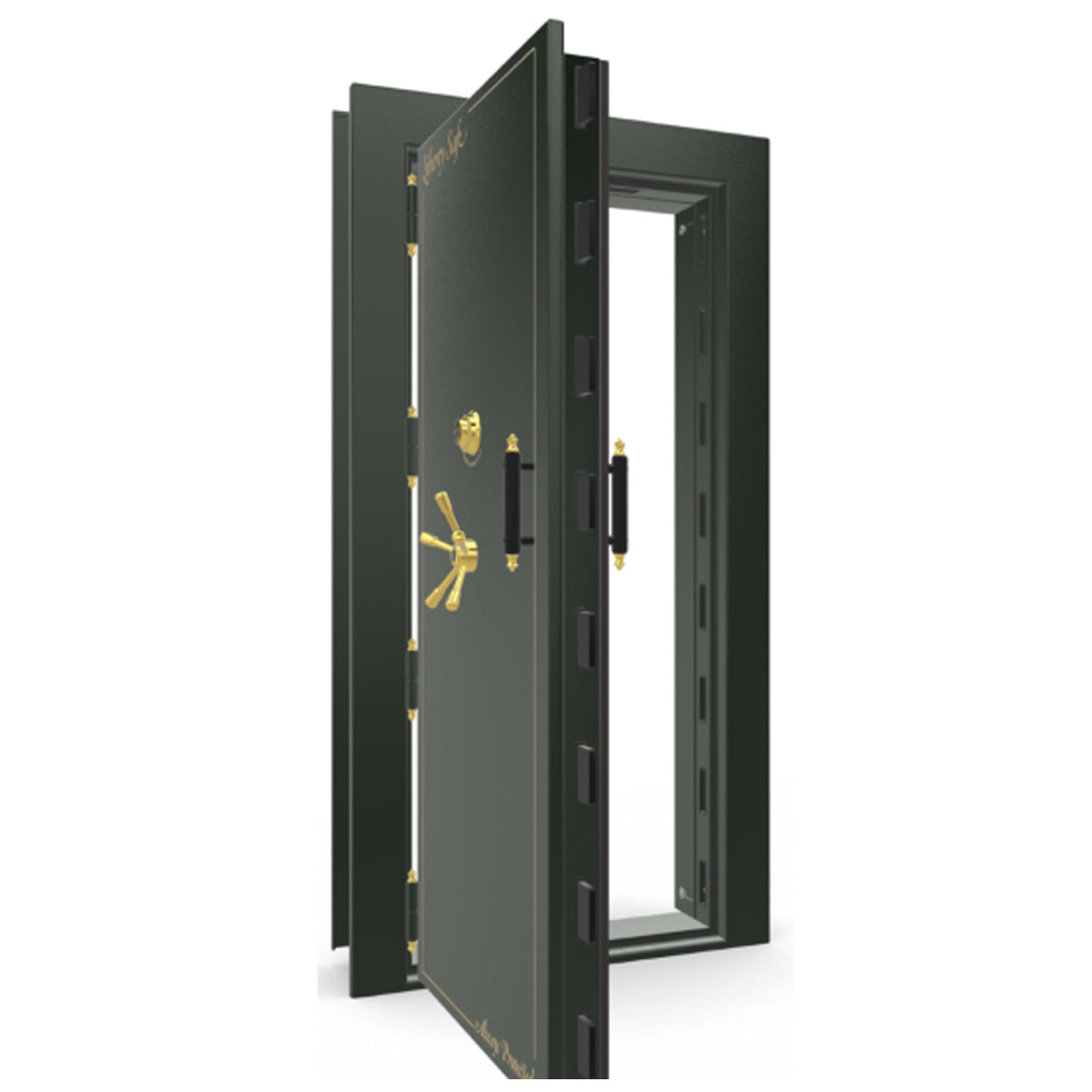 The Beast Vault Door in Green Gloss with Brass Electronic Lock, Left Outswing, door open.
