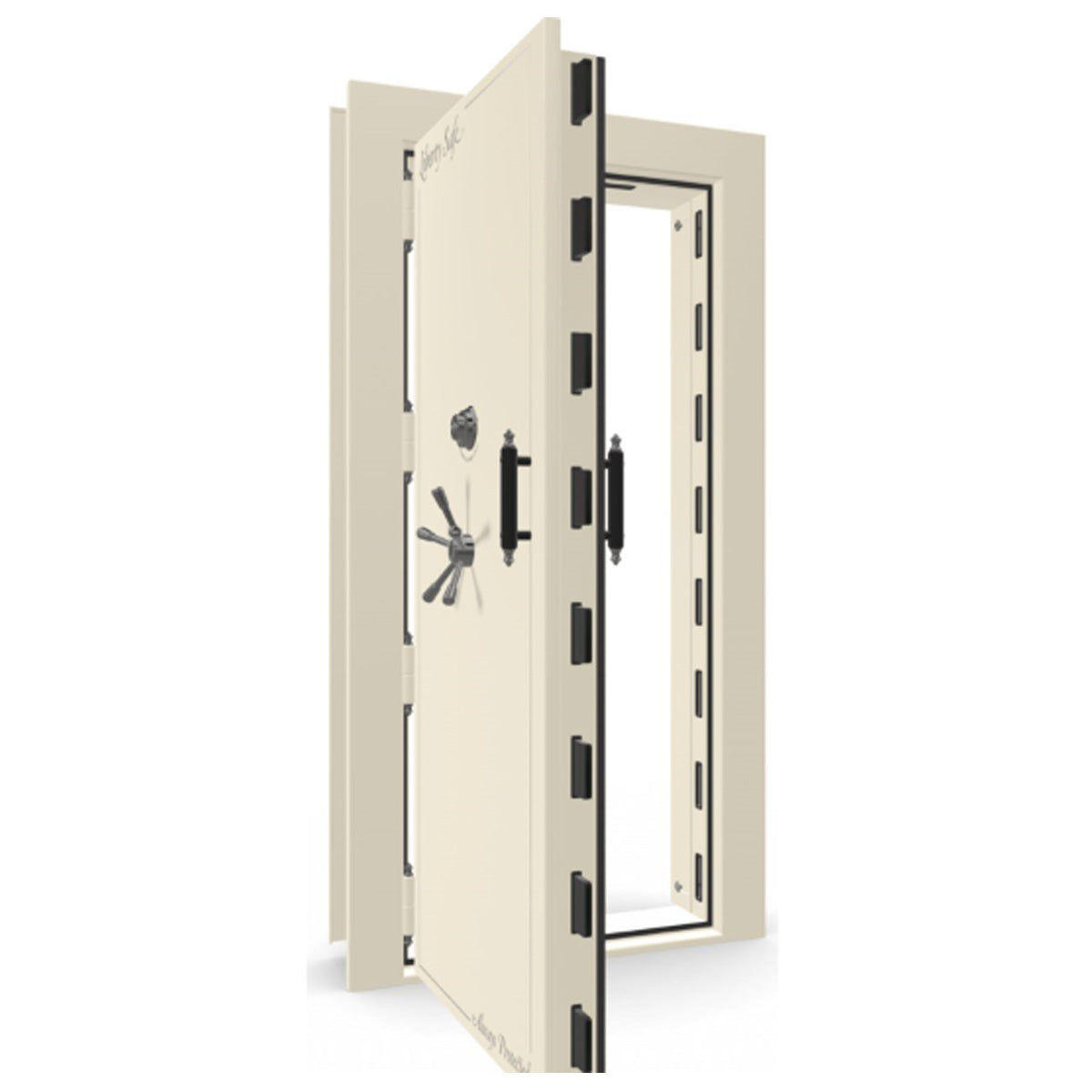 The Beast Vault Door in White Gloss with Black Chrome Electronic Lock, Left Outswing, door open.