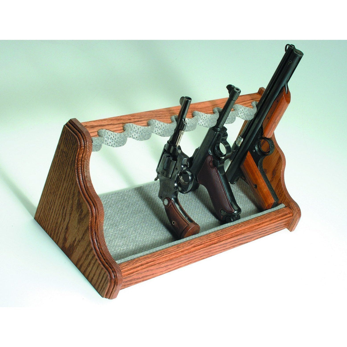 Liberty Safe Oak Pistol Rack, Silver Velour.
